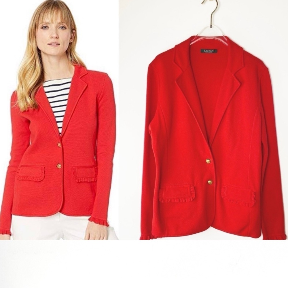LRL LAUREN RALPH LAUREN Ruffle trim Red blazer Womens size L